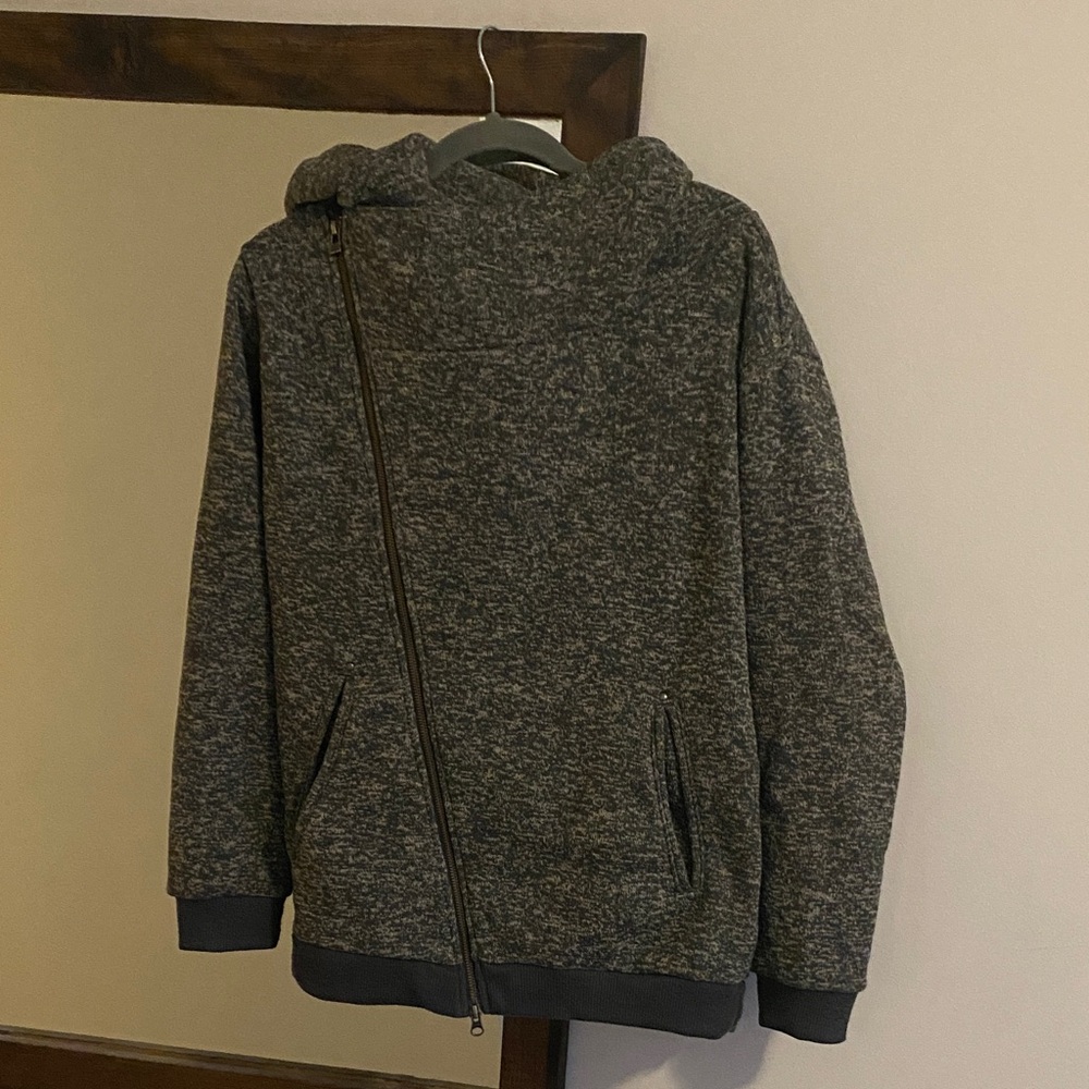 Women's Brown Asymmetrical Zip Warm Fleece Jacket with Cozy Hood. XL.